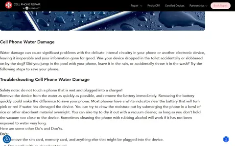 Screenshot of CPR Cell Phone Repair website showing the claim: "You can try to draw the moisture out by submerging the phone..."