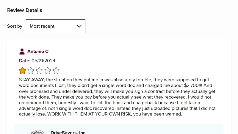 BBB customer reviews showing DriveSavers pricing complaints and incomplete recoveries