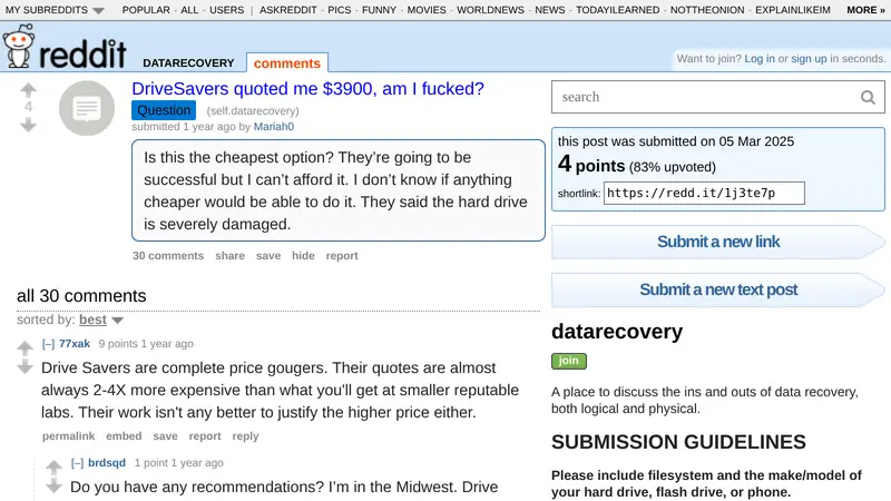 Reddit post showing DriveSavers $3,900 quote for data recovery