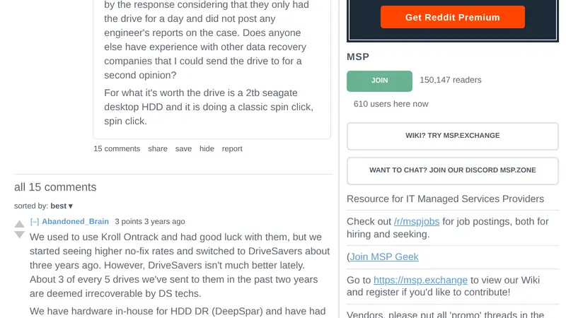 Reddit r/msp thread discussing DriveSavers declaring drives irrecoverable