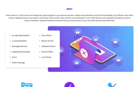 Screenshot of EaseUS website showing the claim: "Water Damage is listed as a supported scenario under Recover..."