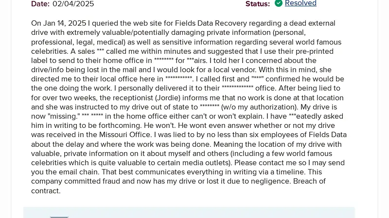Screenshot supporting the quoted claim from BBB complaint 22897653, 4 February 2025