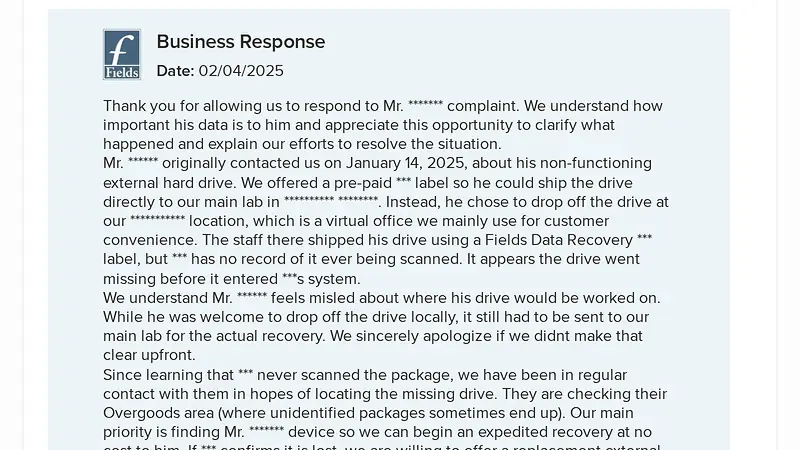 Screenshot supporting the quoted claim from Fields' own BBB response to complaint 22897653, 4 February 2025