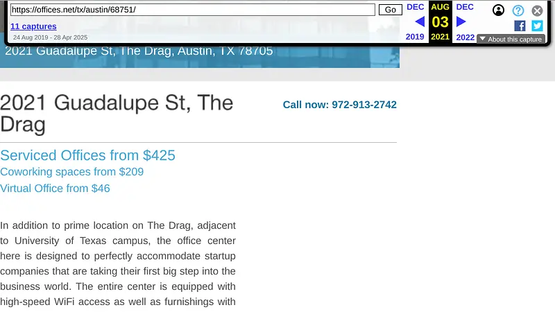 Screenshot supporting the quoted claim from Offices.net listing for 2021 Guadalupe St, Austin, TX
