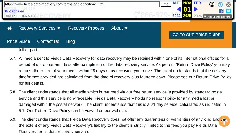Screenshot supporting the quoted claim from Fields Data Recovery's published Terms and Conditions