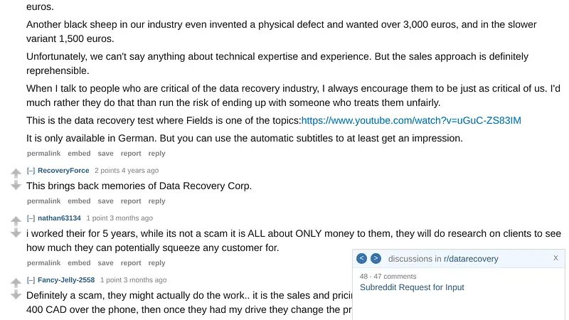 Screenshot supporting the quoted claim from Reddit, r/datarecovery, posted 21 April 2022