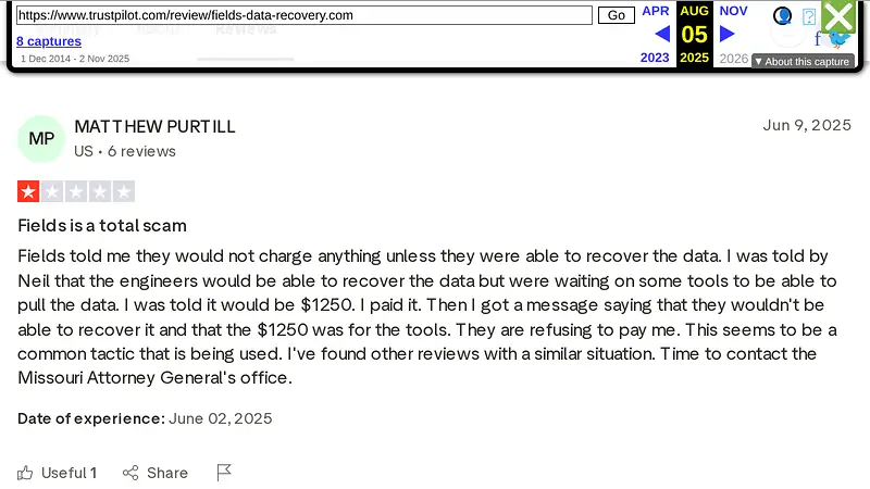 Screenshot supporting the quoted claim from Trustpilot review by MATTHEW PURTILL, 9 June 2025, verified