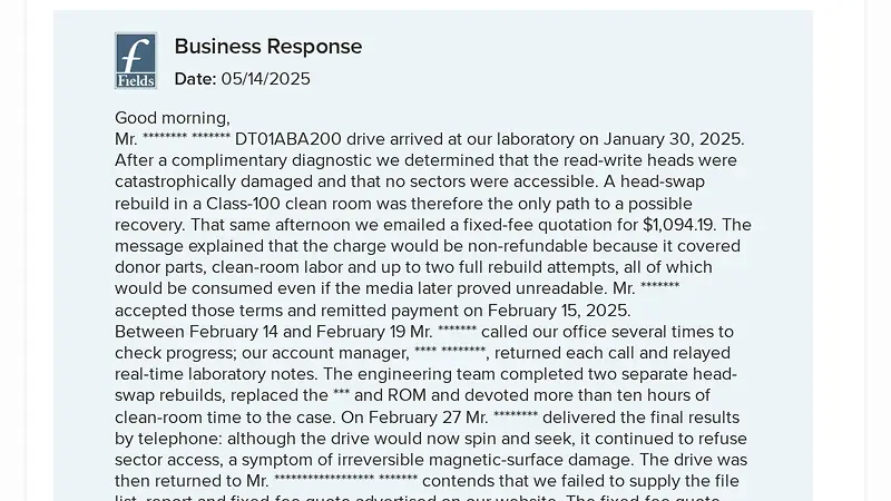 Screenshot supporting the quoted claim from Fields' own BBB response to complaint 23327268, 14 May 2025