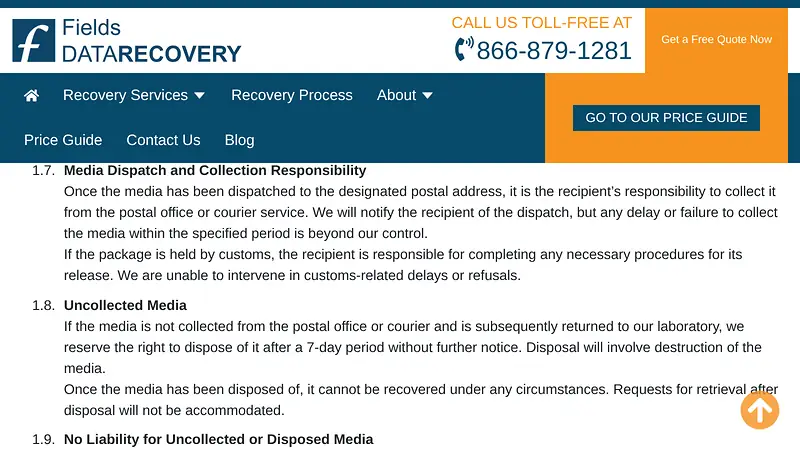 Screenshot supporting the quoted claim from Fields Data Recovery's Terms and Conditions