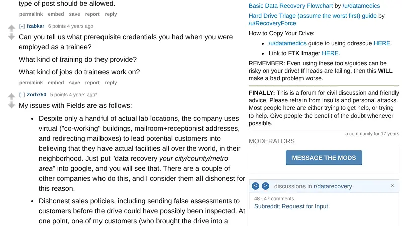 Screenshot supporting the quoted claim from Reddit r/datarecovery comment by industry operator Zorb750