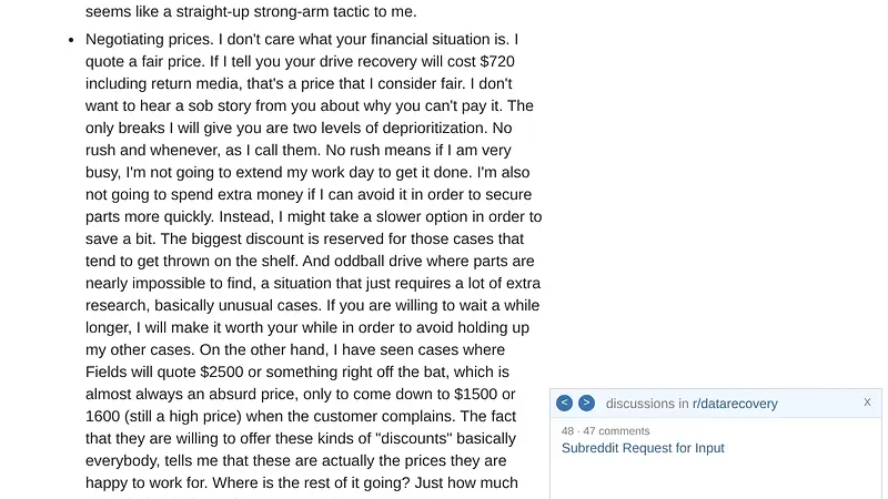 Screenshot supporting the quoted claim from Reddit r/datarecovery comment by industry operator Zorb750