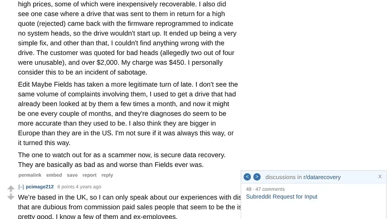 Screenshot supporting the quoted claim from Reddit r/datarecovery comment by UK operator pcimage212