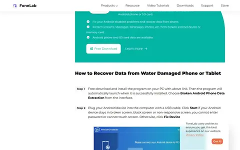 Screenshot of FoneLab website showing the claim: "Step 2 Plug your Android device into the computer with a USB..."
