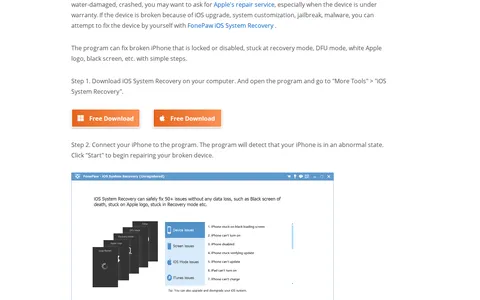 Screenshot of FonePaw website showing the claim: "Connect your iPhone to the program. The program will detect ..."