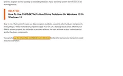 Screenshot of How-To Geek website showing the claim: "You can also use the Check Disk (or ChkDsk) tool in Windows ..."