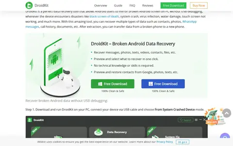 Screenshot of iMobie website showing the claim: "Download and run DroidKit on your PC, connect your device vi..."