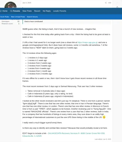 Screenshot of Local Search Forum thread documenting SalvageData listing at UPS Store address