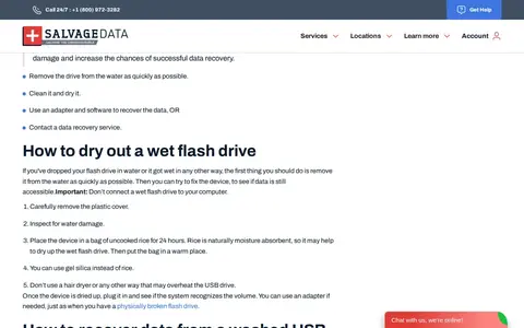 Screenshot of SalvageData website showing the claim: "Place the device in a bag of uncooked rice for 24 hours. Ric..."