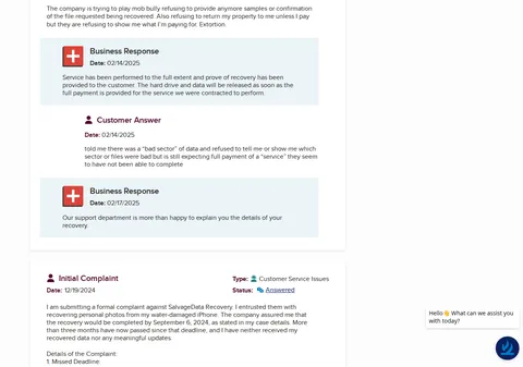 Screenshot of SalvageData BBB complaints page