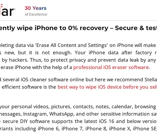 Screenshot of Stellar website showing the claim: "Your iPhone data after factory reset is still recoverable by..."