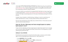 Screenshot of Stellar website showing the claim: "To get rid of the 'disk does not have enough space to replac..."