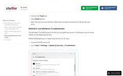 Screenshot of Stellar website showing the claim: "Type 'chkdsk followed by the drive letter of the SD card, a ..."