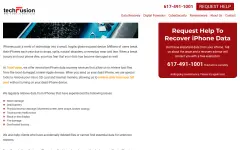 Screenshot of TechFusion website showing the claim: "When you send us your dead iPhone, we use special tools to r..."