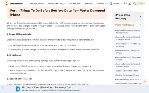 Screenshot of Tenorshare website showing the claim: "Place the iPhone in a sealed container with silica gel packs..."