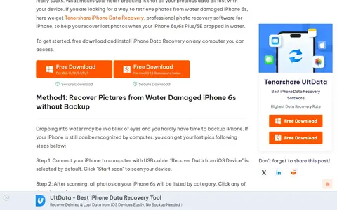 Screenshot of Tenorshare website showing the claim: "Step 1: Connect your iPhone to computer with USB cable. Reco..."