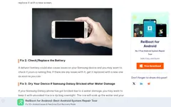 Screenshot of Tenorshare website showing the claim: "Samsung Galaxy phone has got bricked due to a water damage, ..."