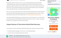 Screenshot of Tenorshare website showing the claim: "Tenorshare Android Data Recovery is a best recovery tool tha..."