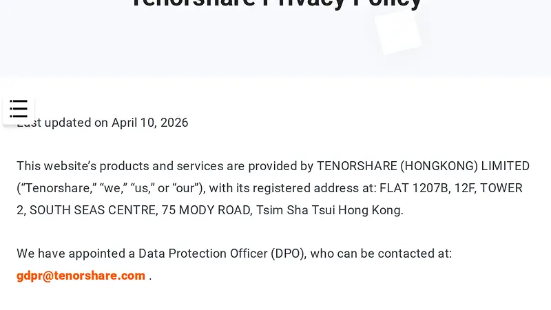 Screenshot of Tenorshare's Privacy Policy naming TENORSHARE (HONGKONG) LIMITED with its registered Hong Kong address