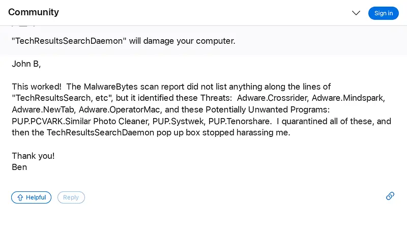 Screenshot of the archived Apple Support Communities thread showing a Malwarebytes scan log listing PUP.Tenorshare