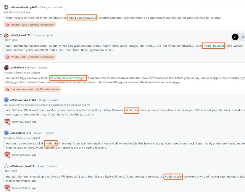 Screenshot published in r/datarecovery on August 11, 2026 showing six 4DDiG recommendation comments from six accounts, two labeled Possible 4DDiG / Tenorshare promotion and three displaying as removed