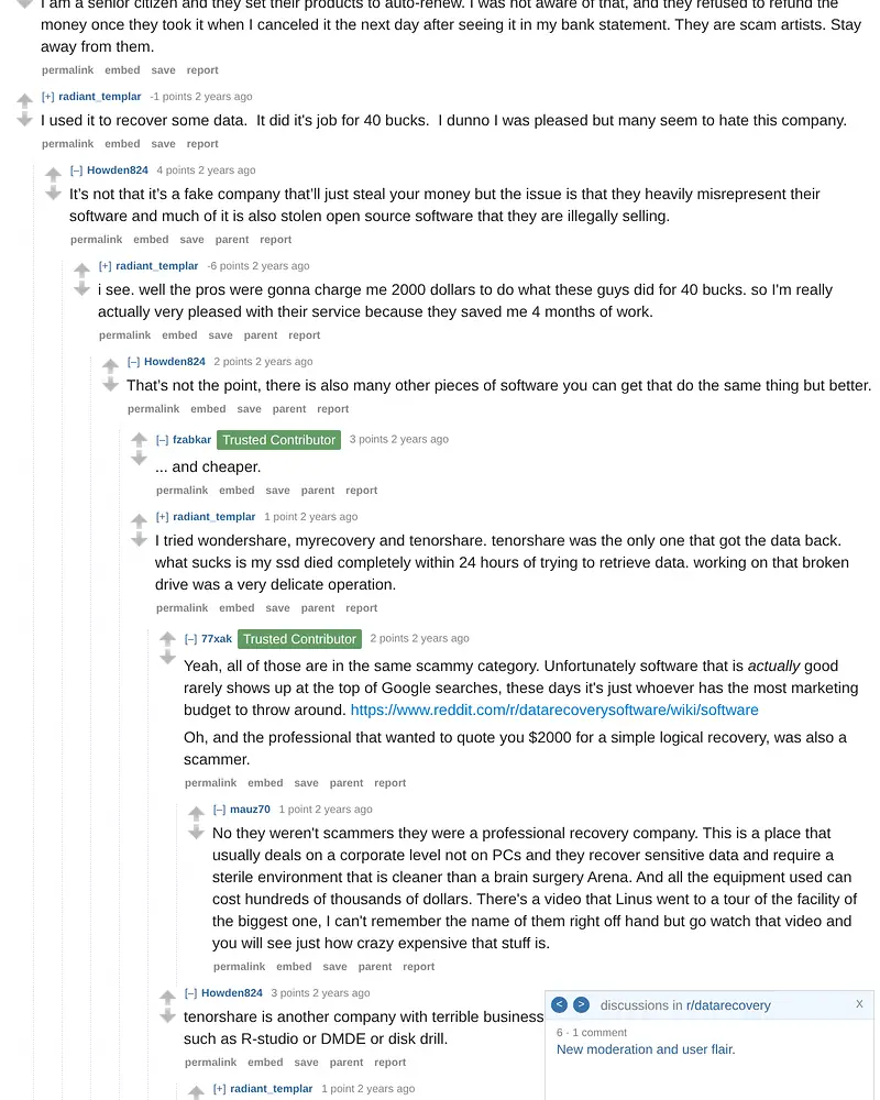 Screenshot of the r/datarecovery comment alleging misrepresentation and open-source reuse, shown in its thread