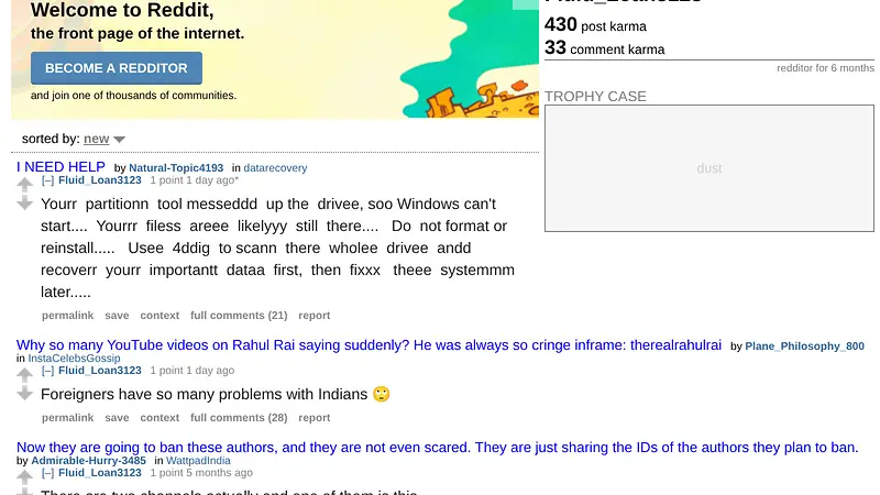 Screenshot of u/Fluid_Loan3123's public comment listing showing the letter-doubled 4DDiG recommendation posted to the I NEED HELP thread