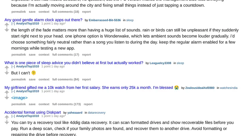 Screenshot of u/AnalystTop1010's public comment listing showing the standard-spelling 4DDiG recommendation posted to the Diskpart thread
