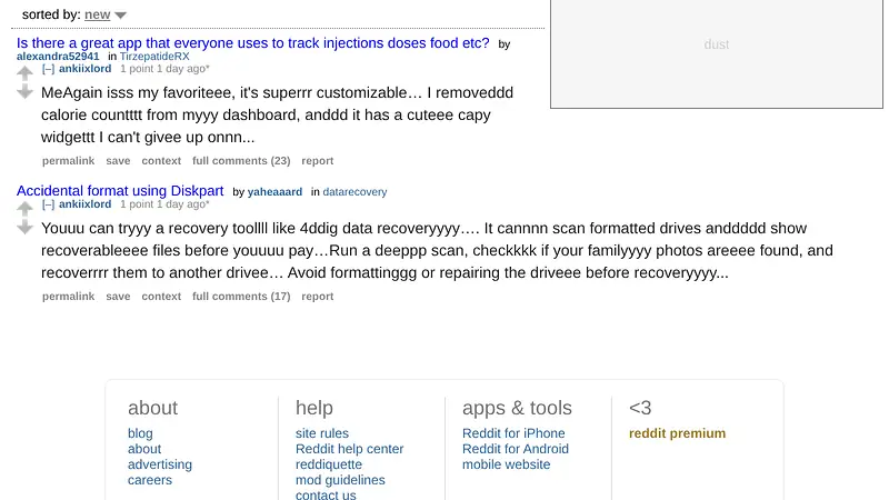 Screenshot of u/ankiixlord's public comment listing showing the letter-doubled 4DDiG recommendation posted to the same Diskpart thread