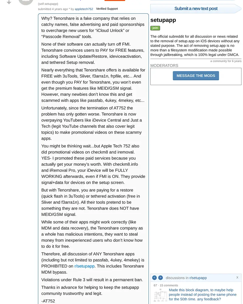 Screenshot of the stickied r/setupapp moderator post prohibiting discussion of all Tenorshare apps