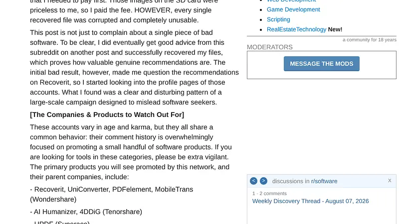 Screenshot of the August 2025 r/software post naming 4DDiG among products promoted by a network of accounts