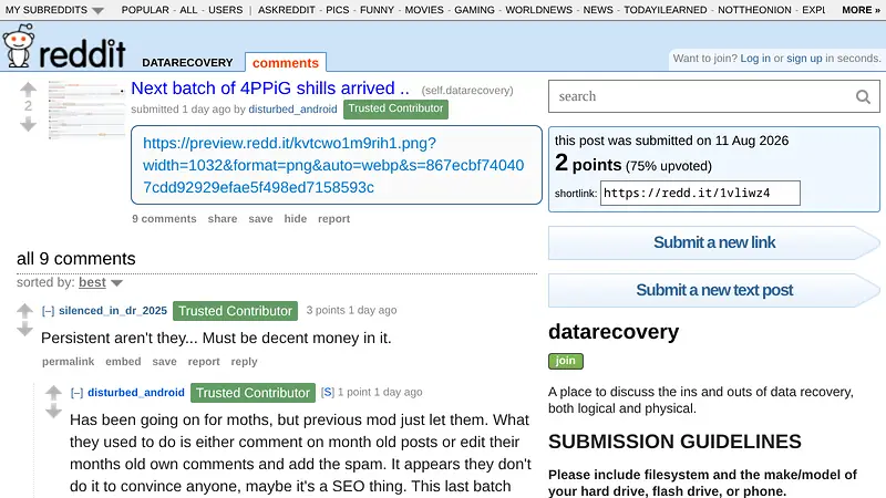Screenshot of the August 11, 2026 r/datarecovery thread with commenters characterizing the recurring 4DDiG comments