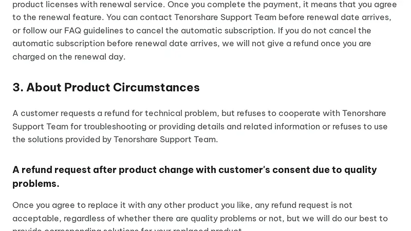 Screenshot of Tenorshare's published Refund Policy showing the replacement-product and auto-renewal carve-outs