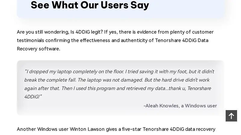 Screenshot of Tenorshare's self-hosted 4DDiG review page with its one-item cons list and embedded discount code
