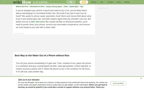 Screenshot of WikiHow website showing the claim: "Then, instead of rice, place the phone in a container and po..."