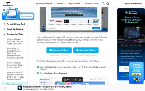 Screenshot of Wondershare website showing the claim: "Use a USB cable to connect your phone to your PC, then downl..."
