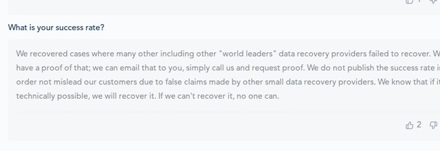 WeRecoverData FAQ page stating they do not publish success rates