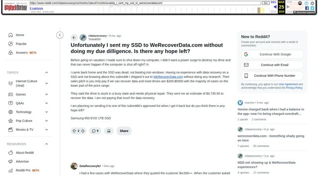 Screenshot of Reddit post by DataRecoveryNJ describing a visit to WeRecoverData NYC headquarters where the company name was no longer on the glass