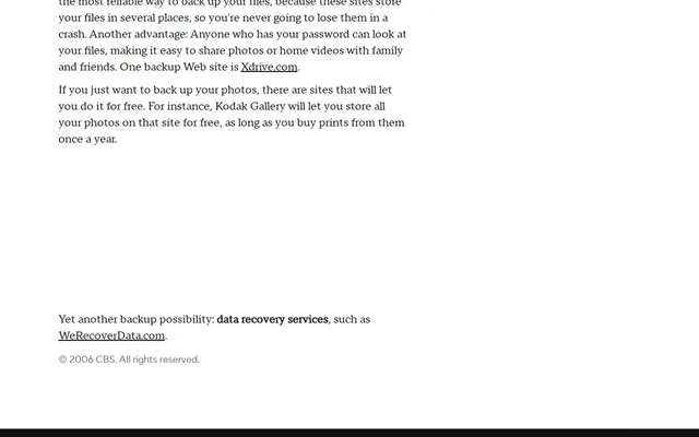 Screenshot of the CBS News article showing a single passing mention of WeRecoverData, not a feature story as marketed