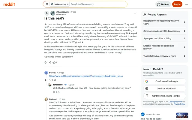 Screenshot of Reddit post reporting a $4,800 quote from WeRecoverData for a 1TB clicking WD external drive