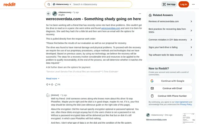 Screenshot of Reddit post by drsgfire showing WeRecoverData Economy, Standard, and Priority price tiers for hard drive recovery